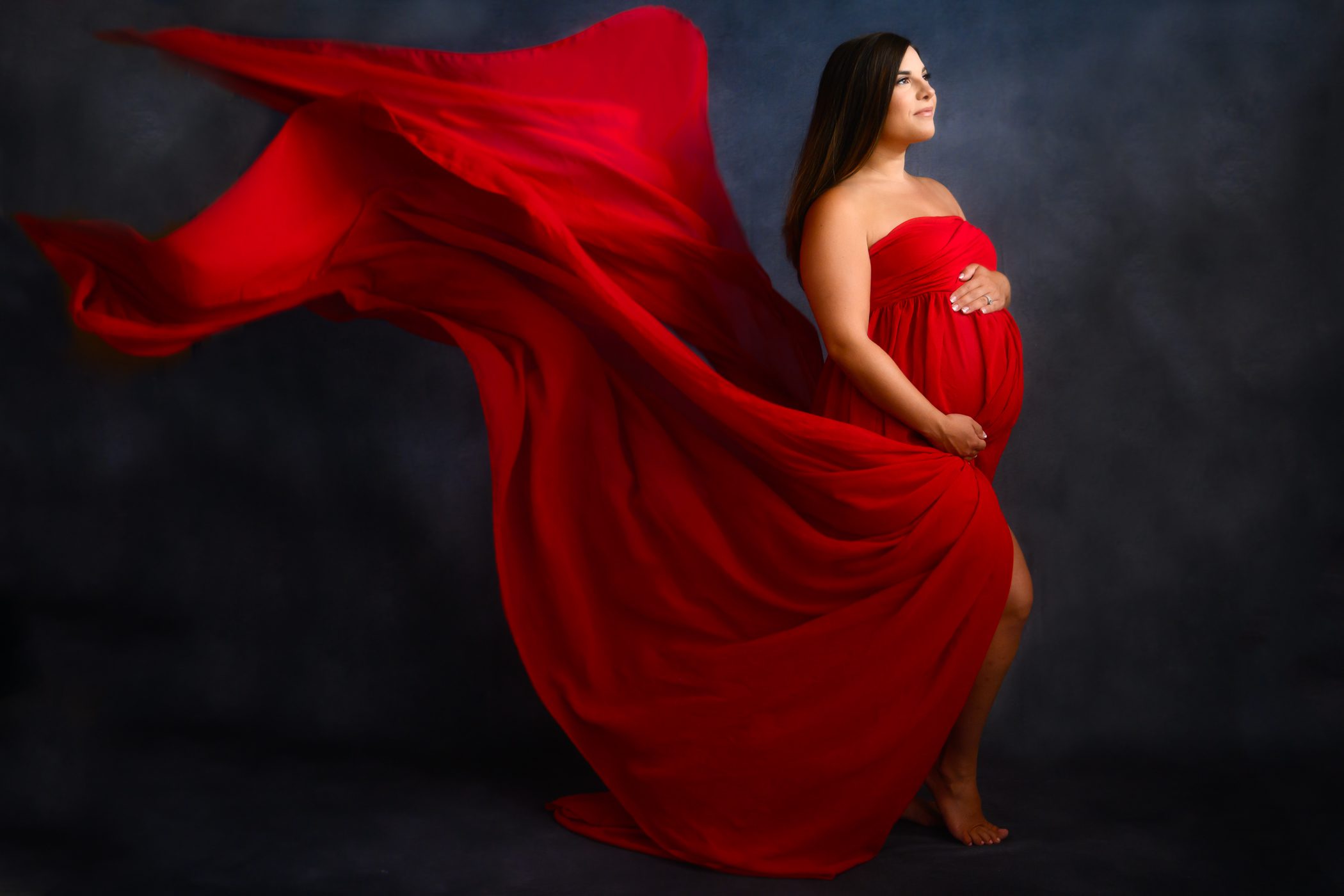 Maternity Portrait Red Flowing Dress